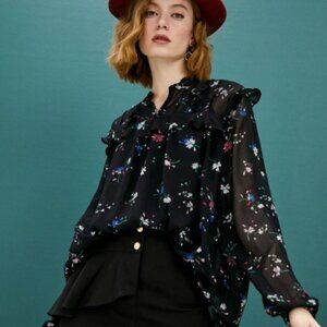 Maje Letra floral blouse in black sheer oversized designer size 1 = small